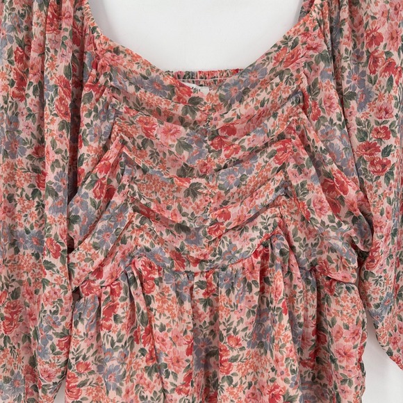 American Eagle Floral Ruched Blouse Womens XL Pink Chiffon Coquette Feminine - Picture 6 of 12